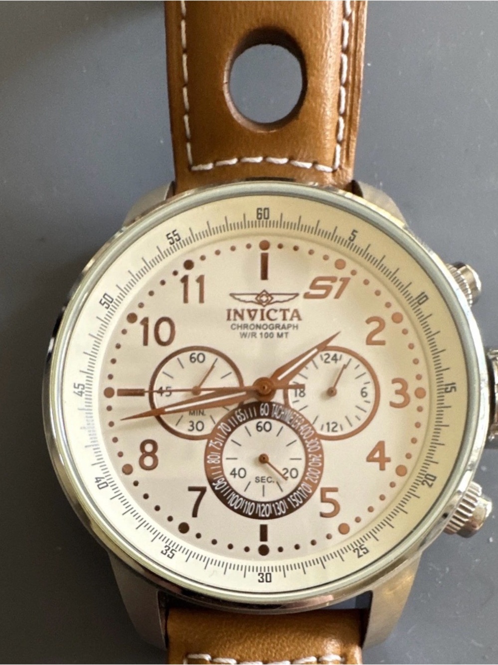 Invicta Men's Tan Leather Strap Chronograph Watch with Cream Dial